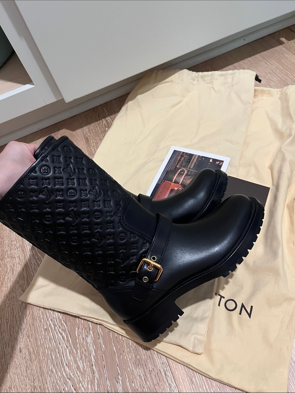 Louis Vuitton LV Rebellion 36.5 US 6 Black Monogram Embossed Leather Boots Moto